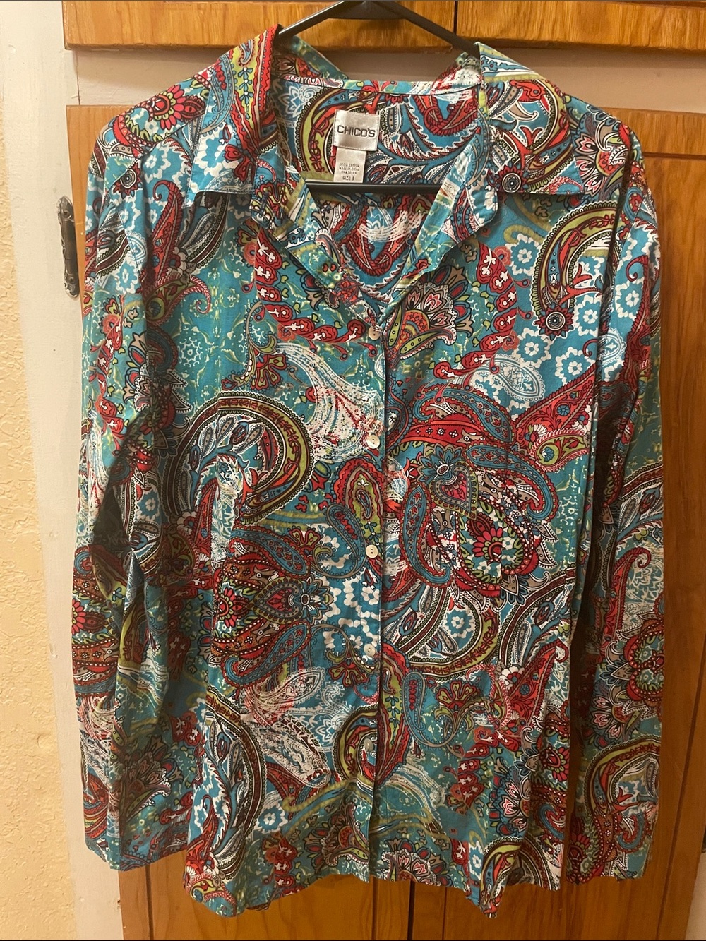 Chico's Teal and Red Paisley Button-Down Shirt